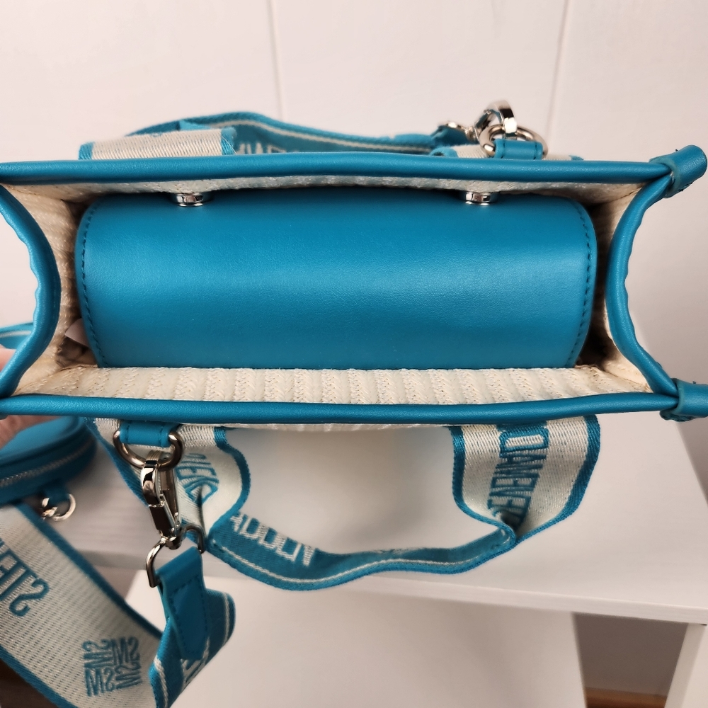 LIKE NEW  Steve Madden White Straw Teal Crossbody Handbag Satchel w AirPod/Coin - Picture 7 of 15
